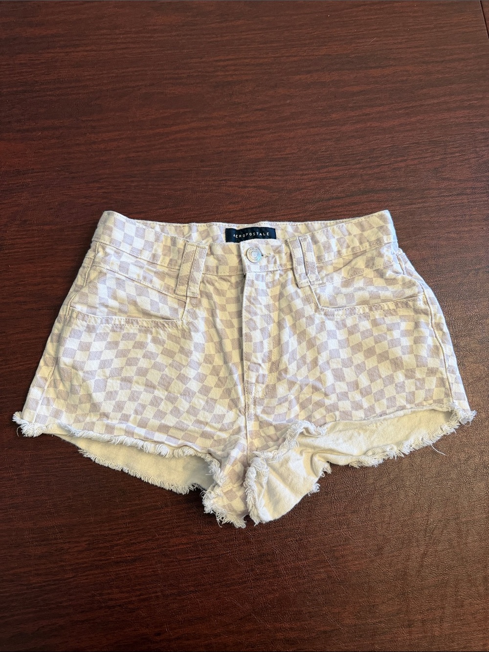 Aeropostale Lavender and White Checkered High-Rise Denim Shorts